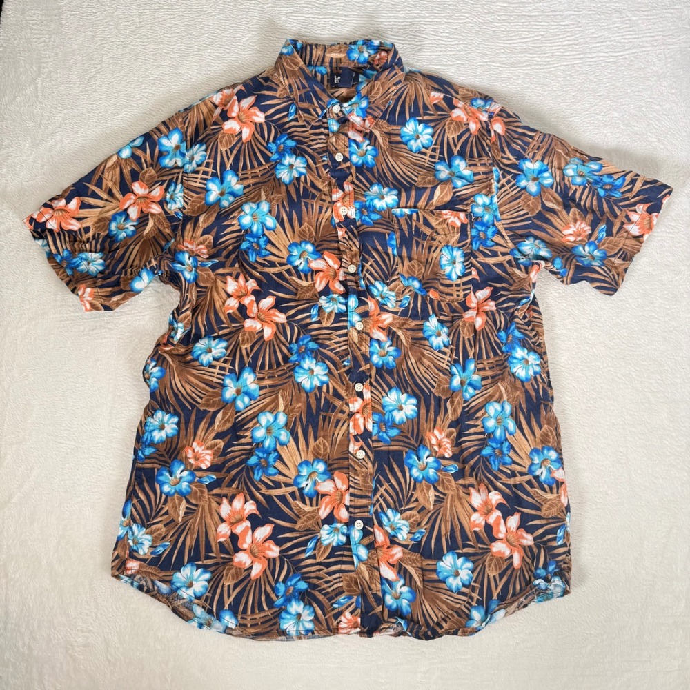 Lands End Mens Blue Linen Hawaiian Shirt Short Sleeve Tropical Palm Coral LT